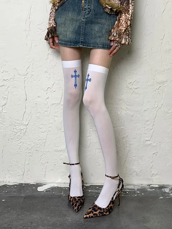 Black/White Y2K Cross Overknee Stockings
