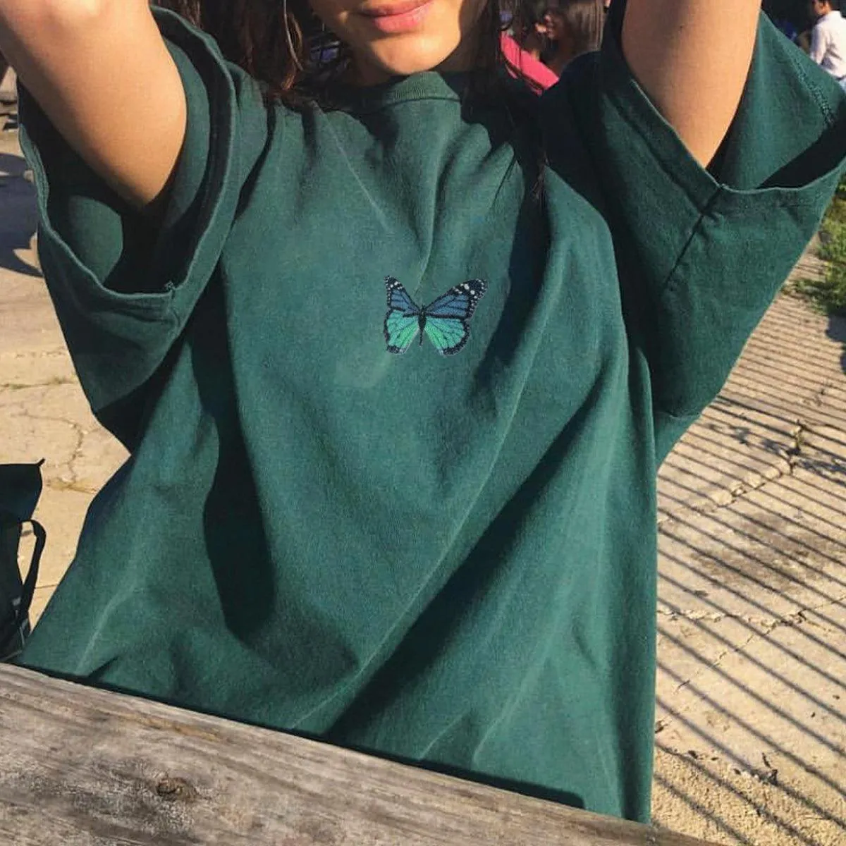Butterfly Embroidery Dark Green T-Shirt