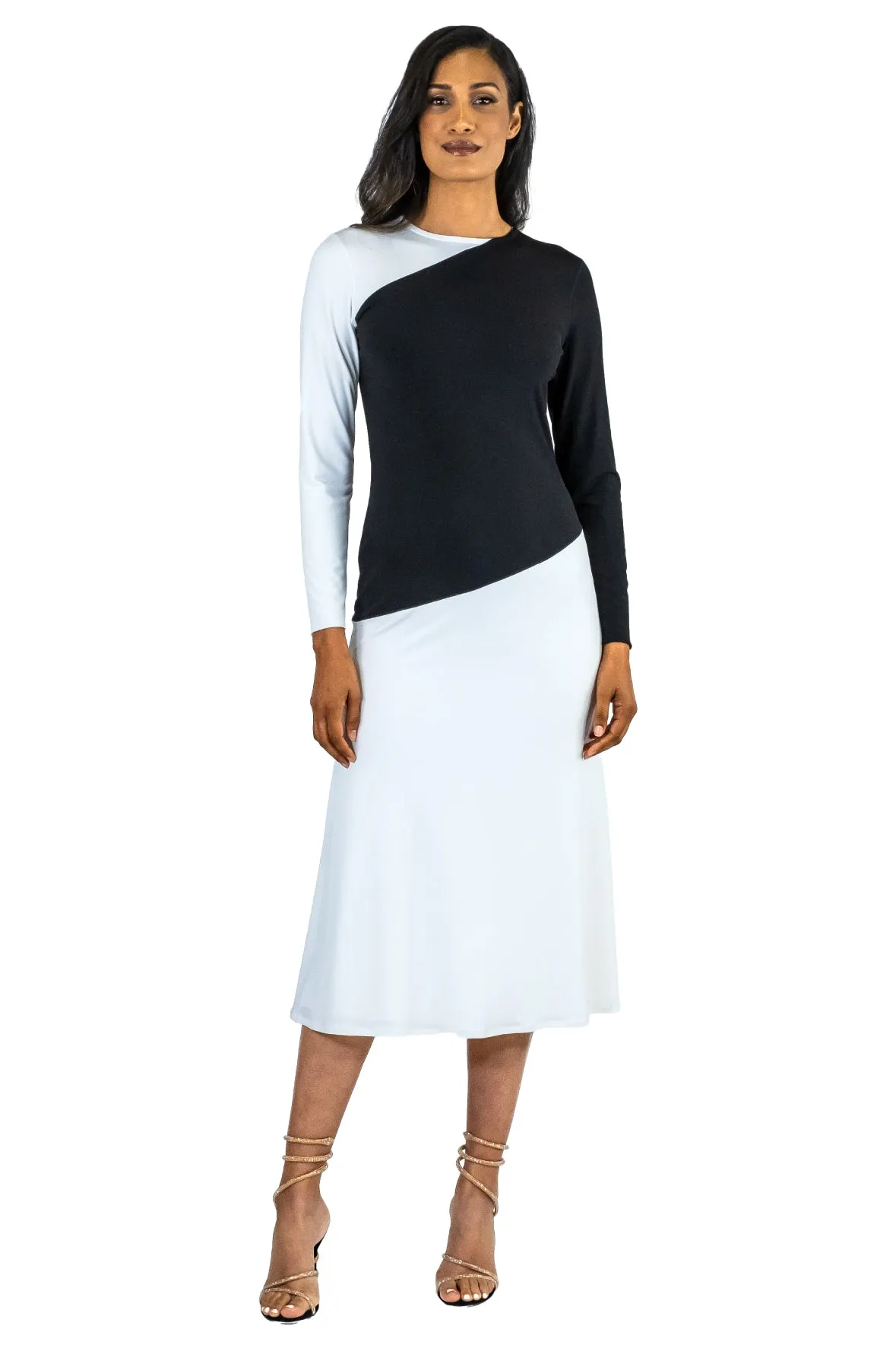 Contrast Top & One Sleeve Calf Length Fully Line Dress