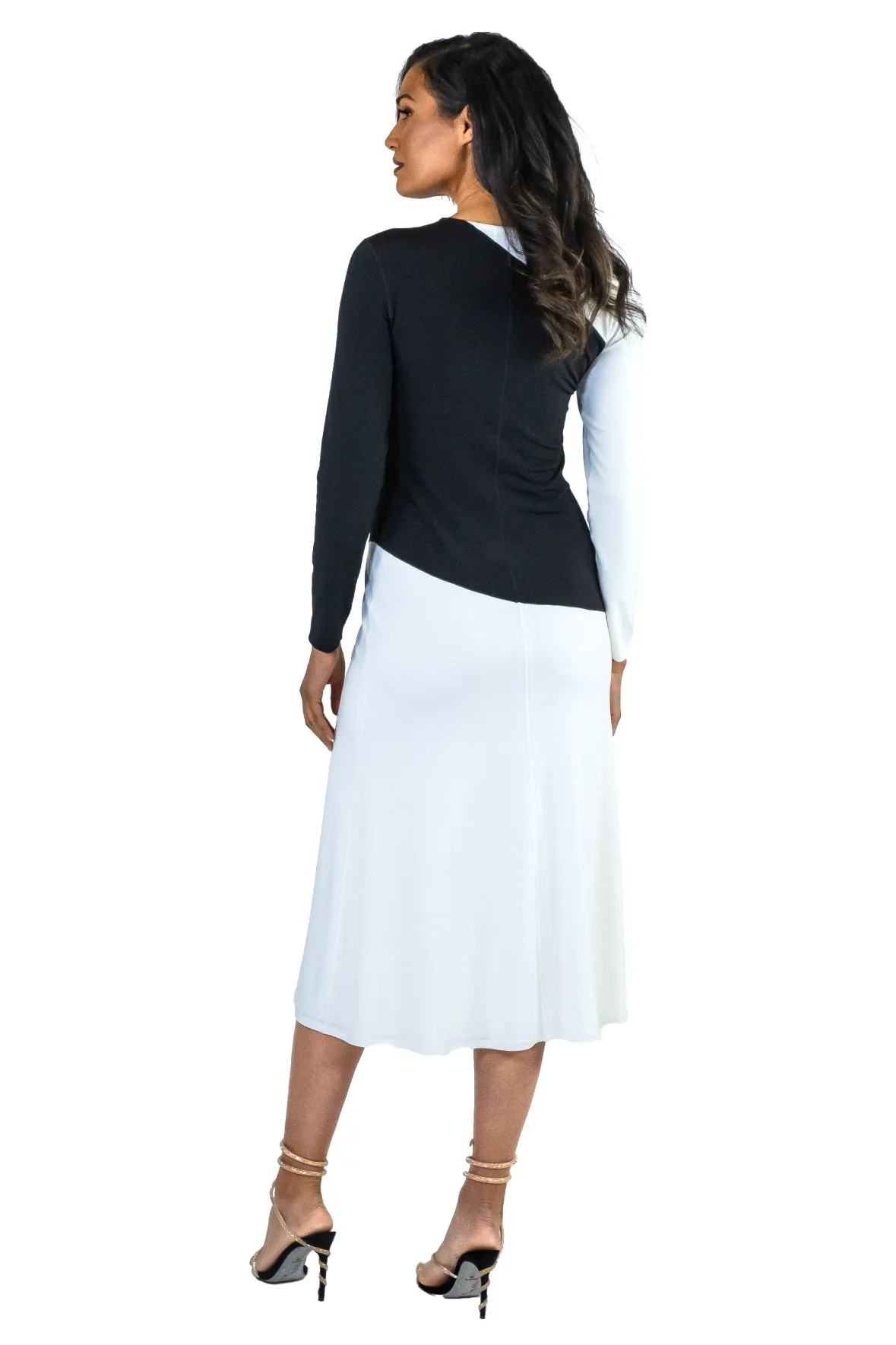 Contrast Top & One Sleeve Calf Length Fully Line Dress
