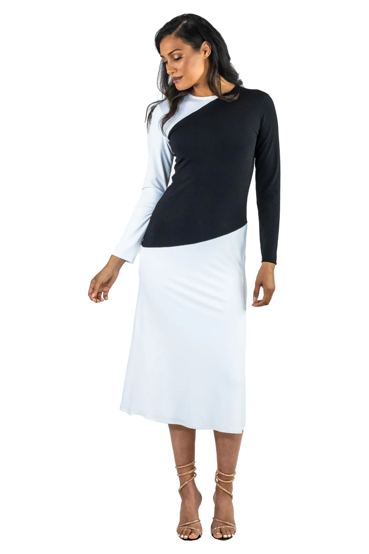 Contrast Top & One Sleeve Calf Length Fully Line Dress