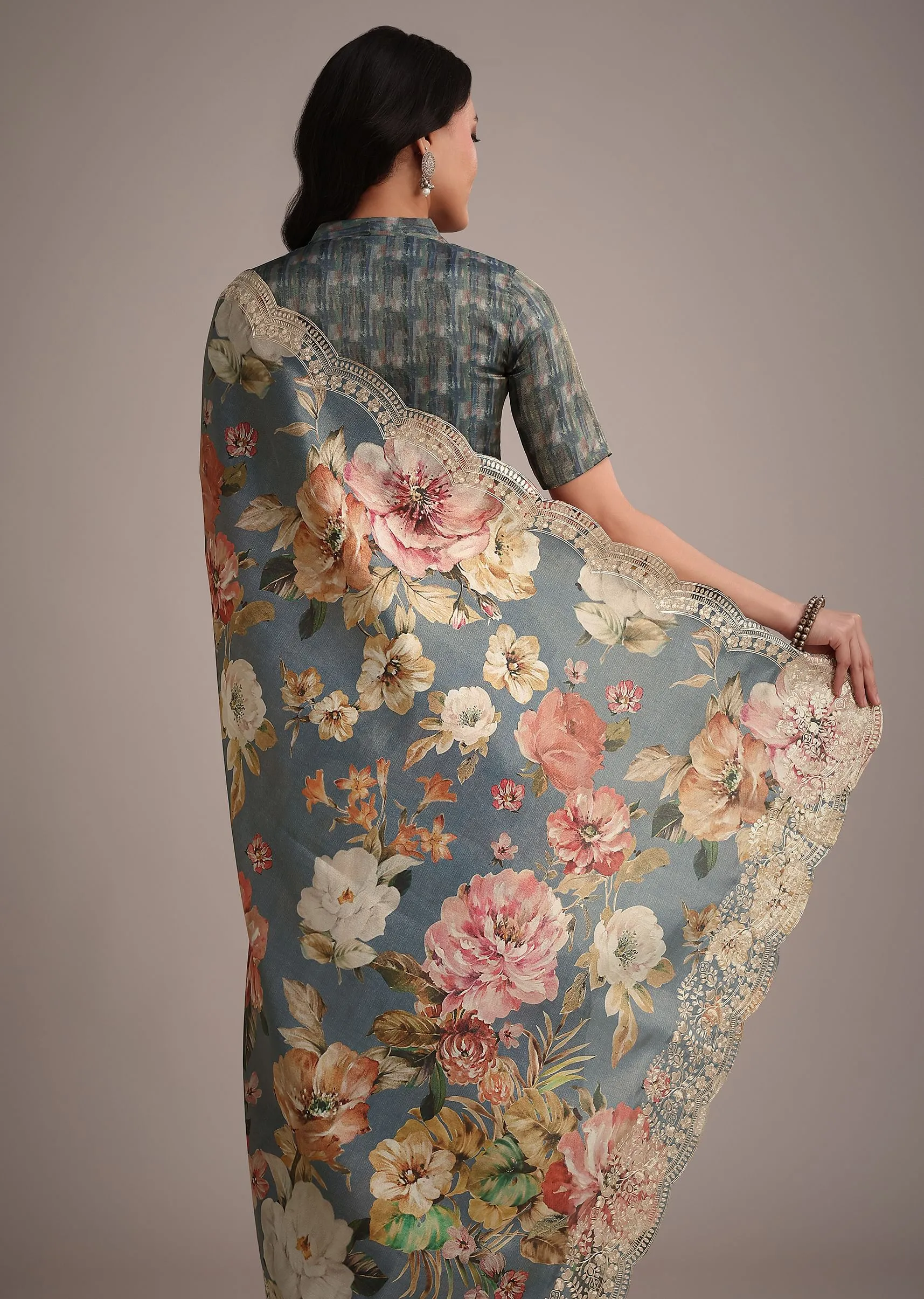 Grey Tissue Muslin Digital Printed Saree With Pitta Work On Border