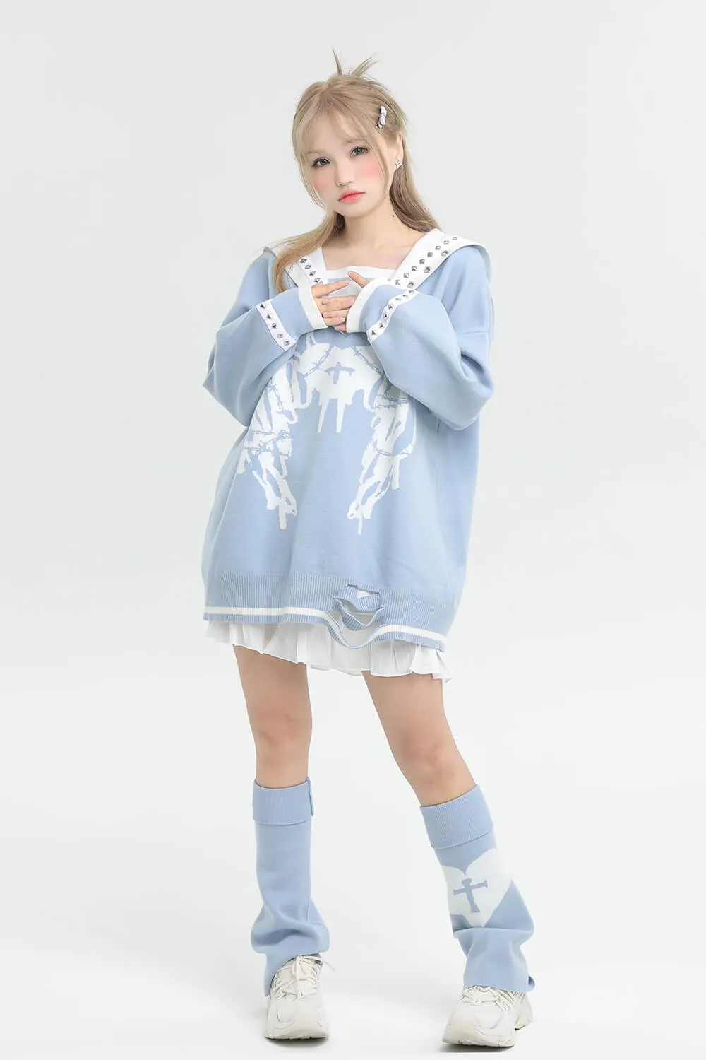 Love Sickness Oversize Studded Sailor Collar Sweater