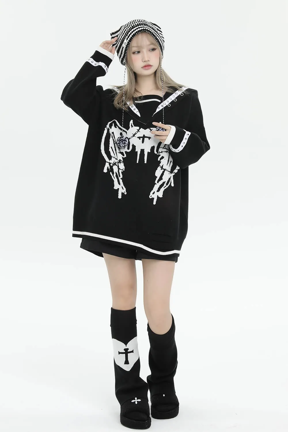 Love Sickness Oversize Studded Sailor Collar Sweater