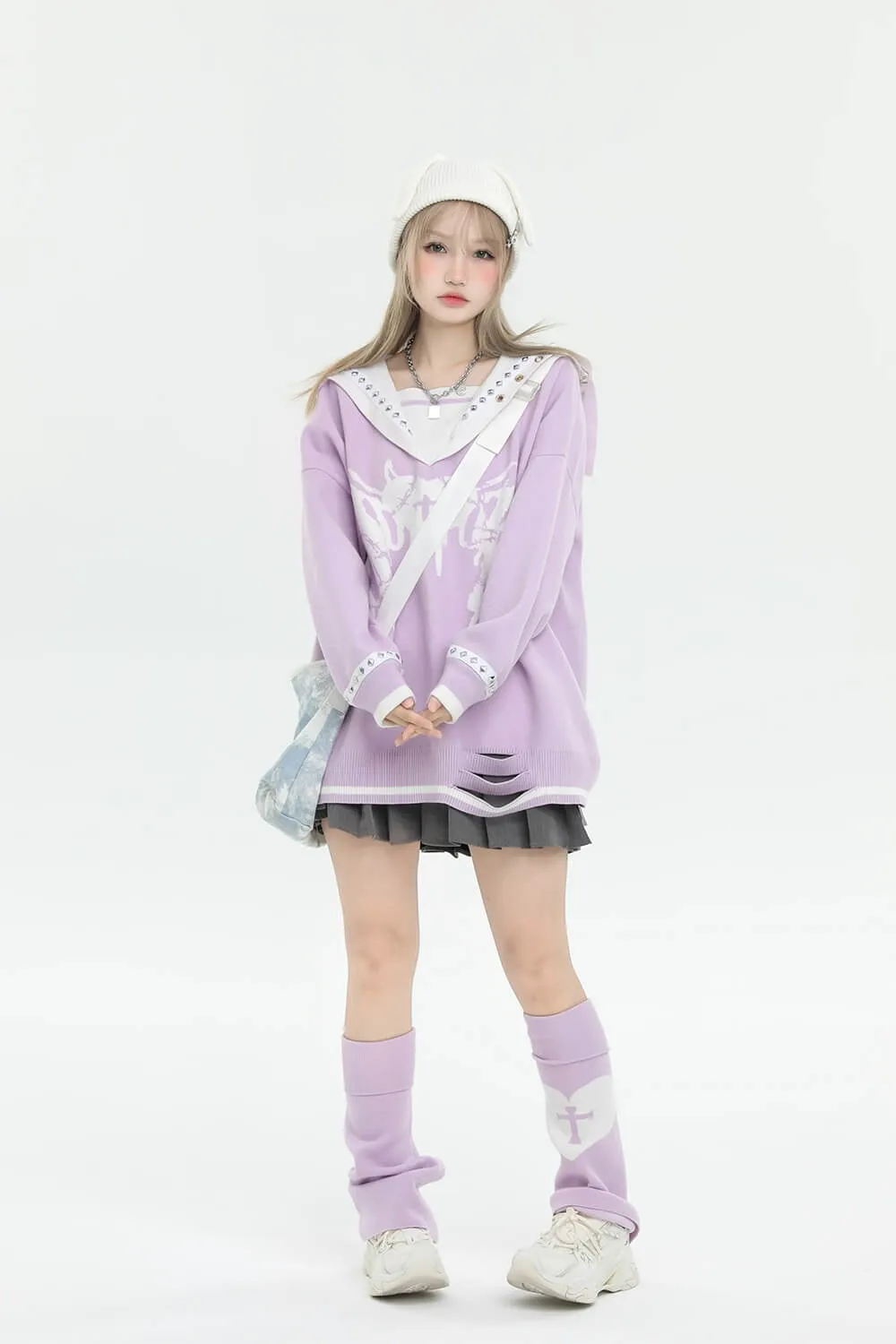 Love Sickness Oversize Studded Sailor Collar Sweater