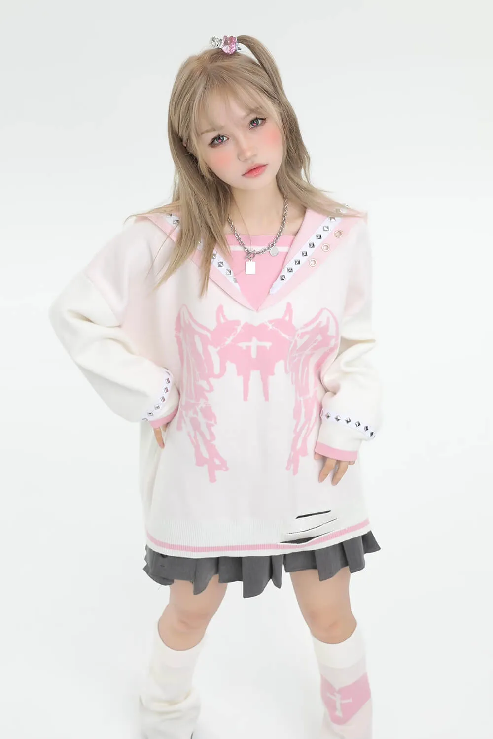 Love Sickness Oversize Studded Sailor Collar Sweater