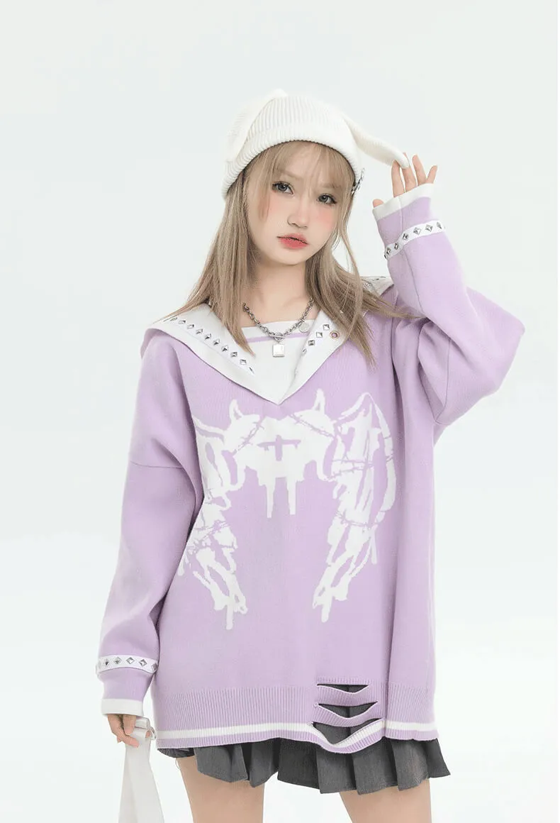 Love Sickness Oversize Studded Sailor Collar Sweater