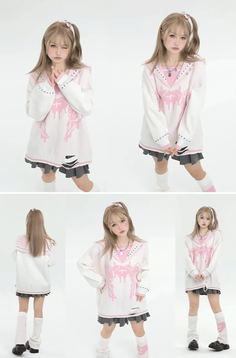 Love Sickness Oversize Studded Sailor Collar Sweater