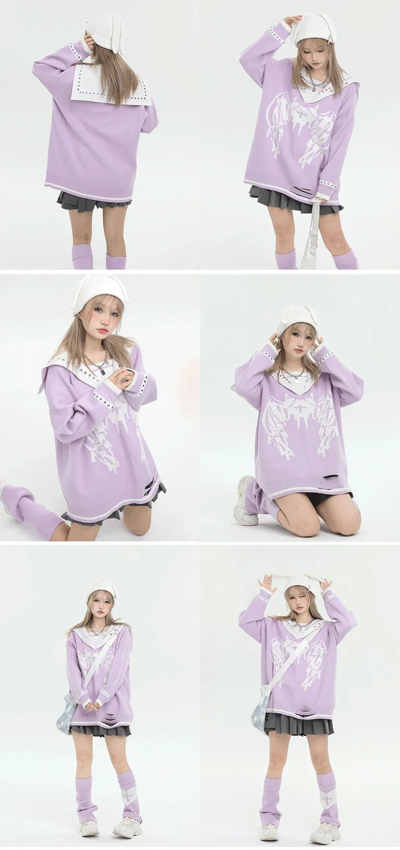 Love Sickness Oversize Studded Sailor Collar Sweater