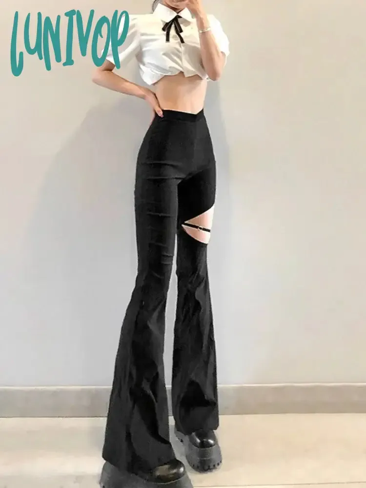 Lunivop Black Mysterious Sexy Slim Fit All-match Classic Commuter Street Travel Hollow Out Vibrant Women's Weave Trousers