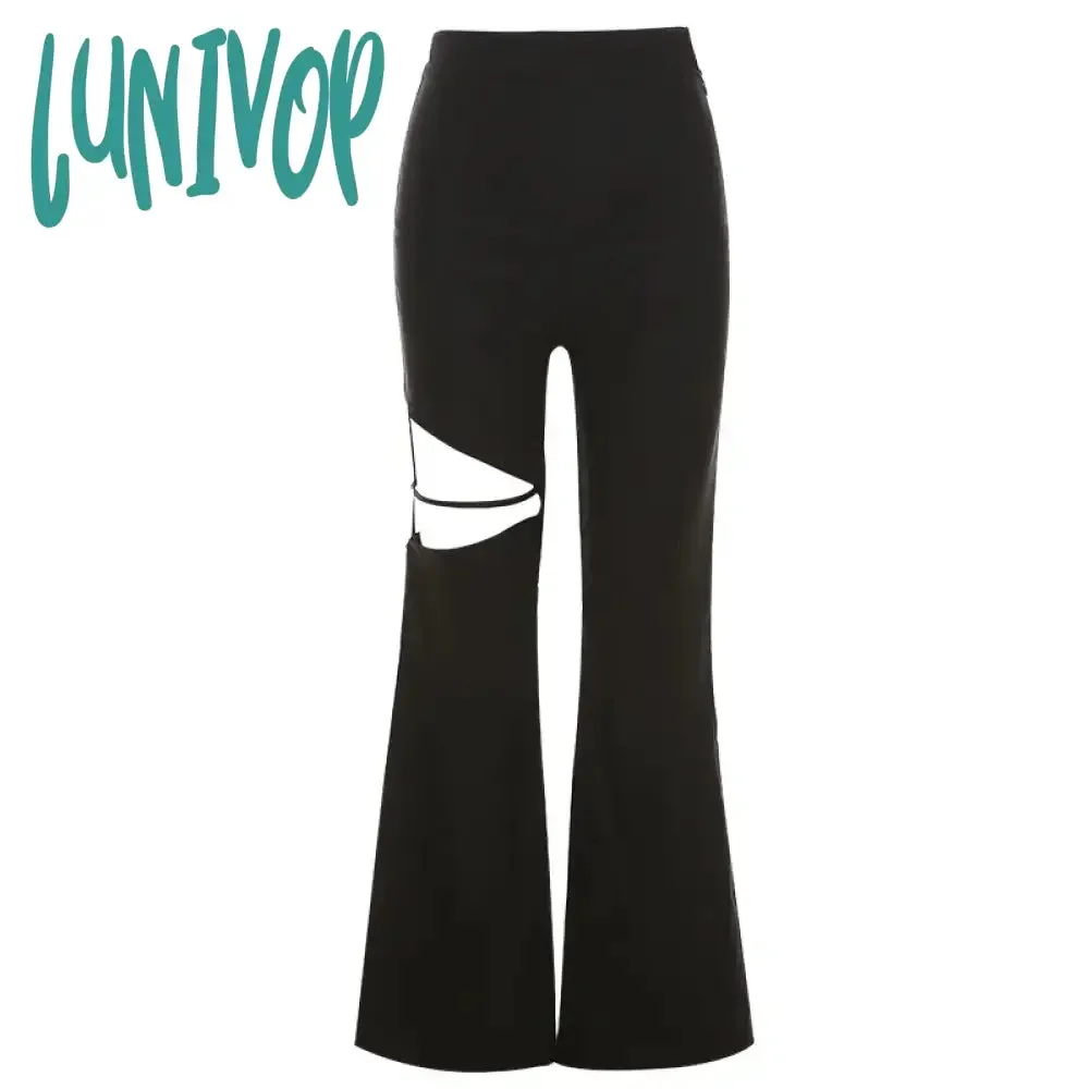 Lunivop Black Mysterious Sexy Slim Fit All-match Classic Commuter Street Travel Hollow Out Vibrant Women's Weave Trousers