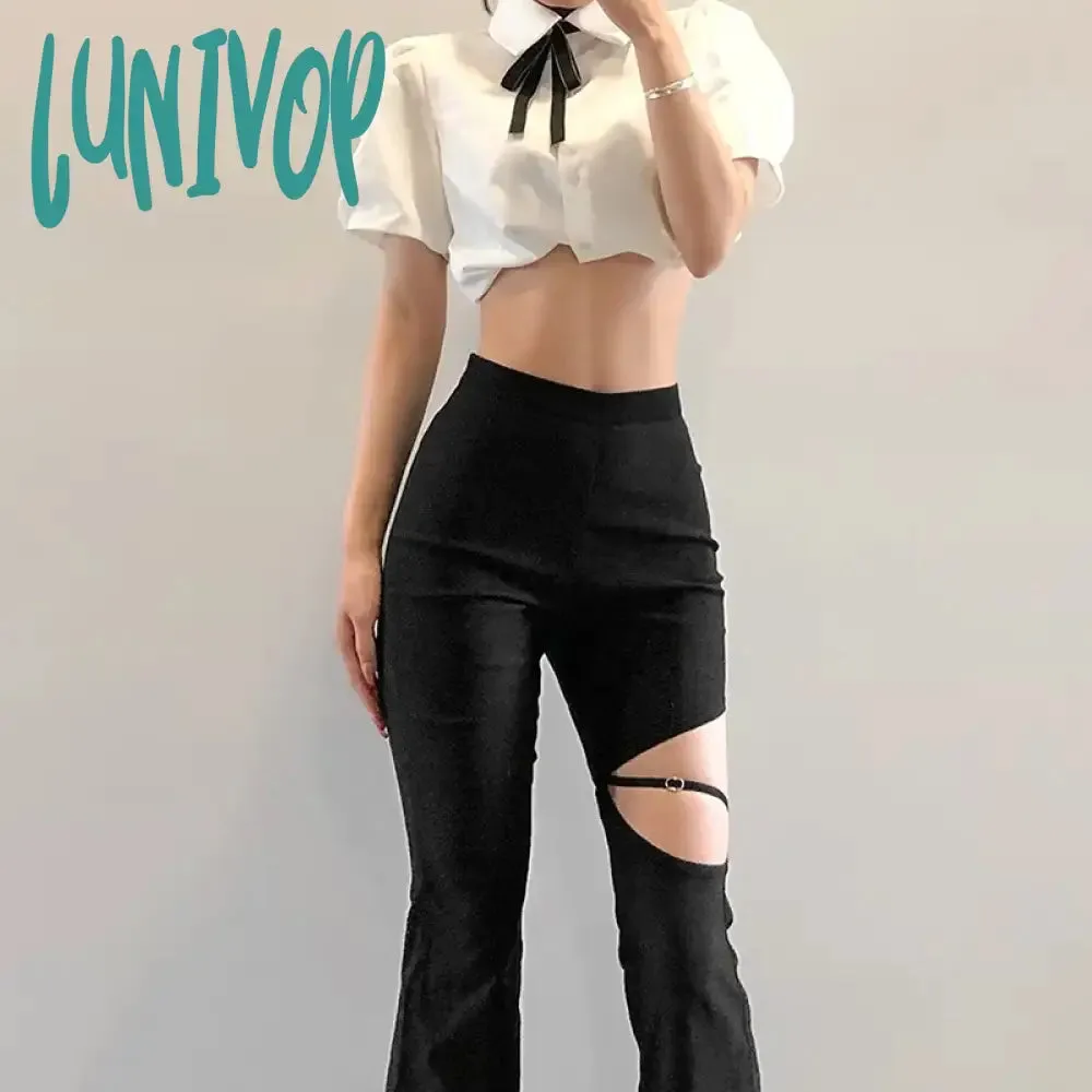 Lunivop Black Mysterious Sexy Slim Fit All-match Classic Commuter Street Travel Hollow Out Vibrant Women's Weave Trousers