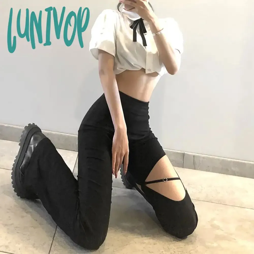 Lunivop Black Mysterious Sexy Slim Fit All-match Classic Commuter Street Travel Hollow Out Vibrant Women's Weave Trousers