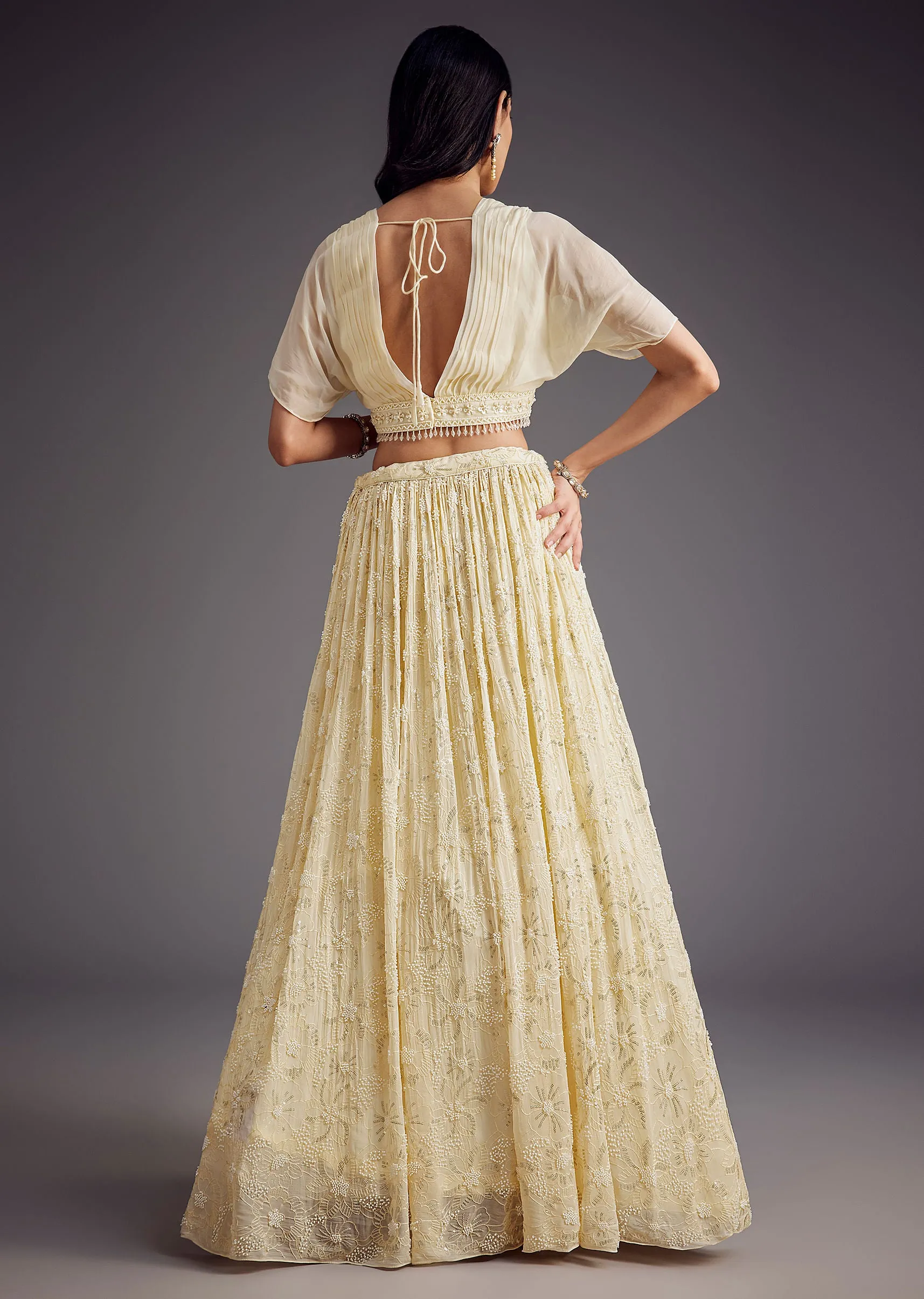 Off White Embroidered Pleated Skirt With Sheer Layered Croptop