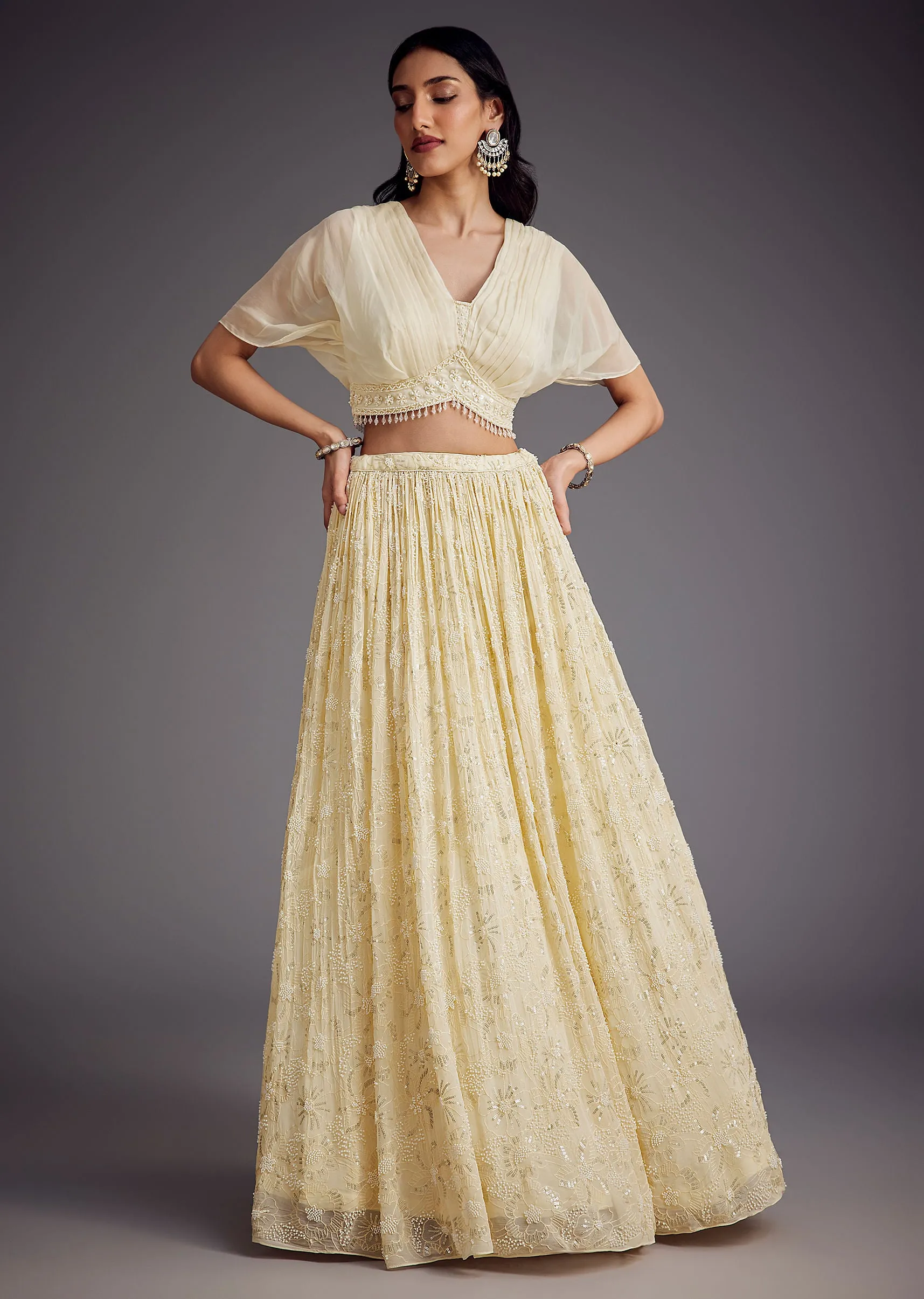 Off White Embroidered Pleated Skirt With Sheer Layered Croptop