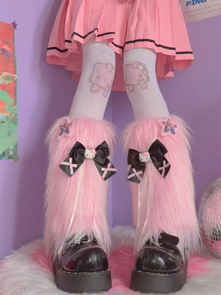 Pink/Black Y2K Star and Kitty Bowknot Shaggy Leg Warmers