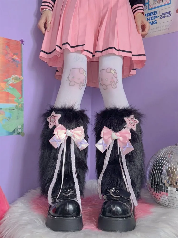 Pink/Black Y2K Star and Kitty Bowknot Shaggy Leg Warmers