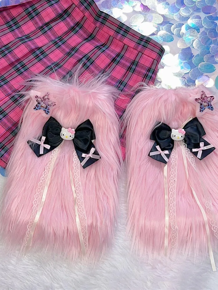 Pink/Black Y2K Star and Kitty Bowknot Shaggy Leg Warmers