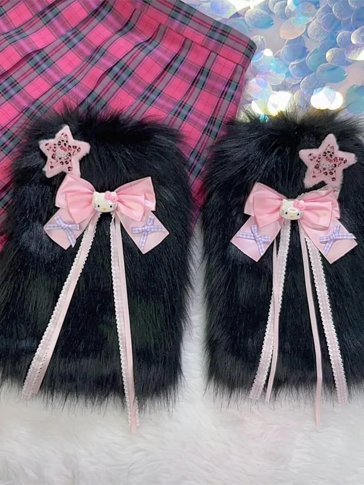 Pink/Black Y2K Star and Kitty Bowknot Shaggy Leg Warmers