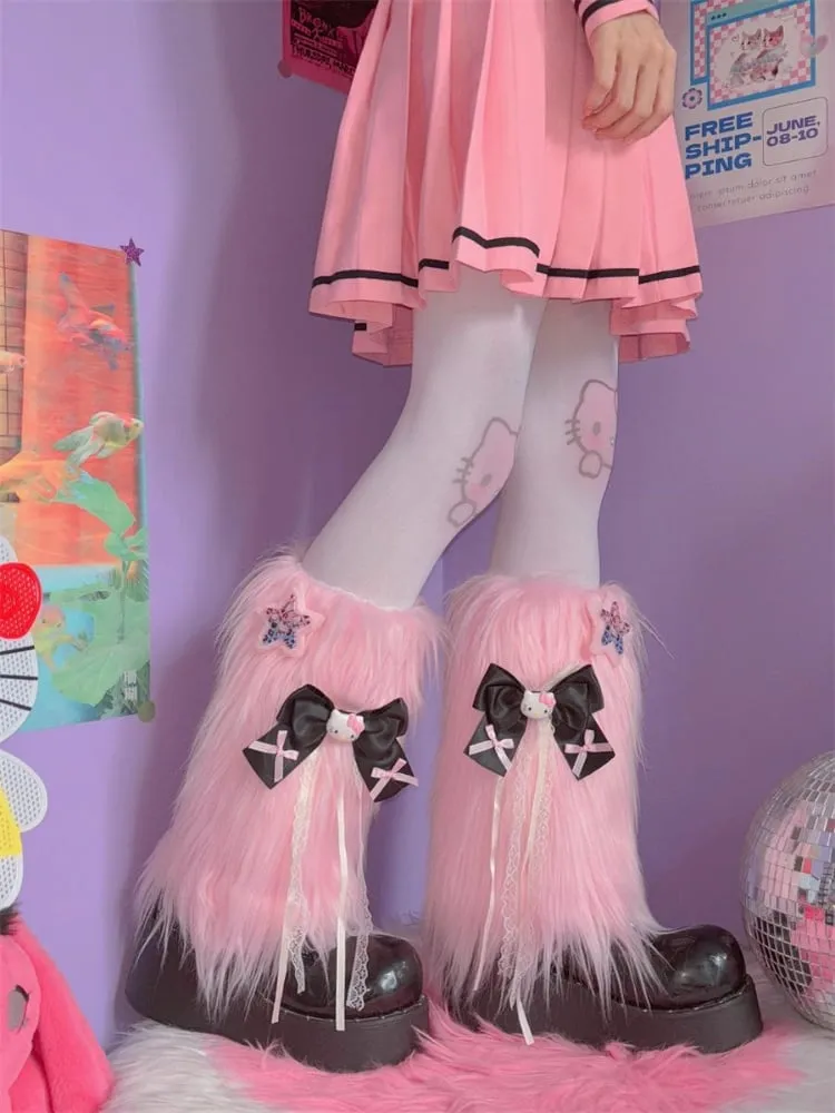 Pink/Black Y2K Star and Kitty Bowknot Shaggy Leg Warmers