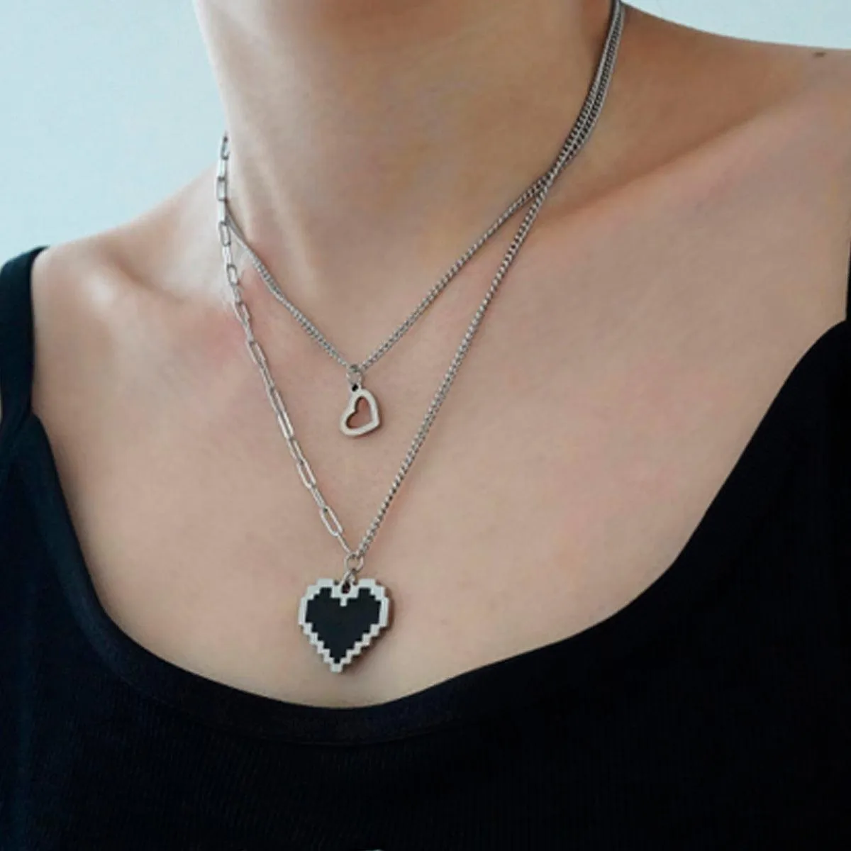 Pixel Heart Double Chain Necklace