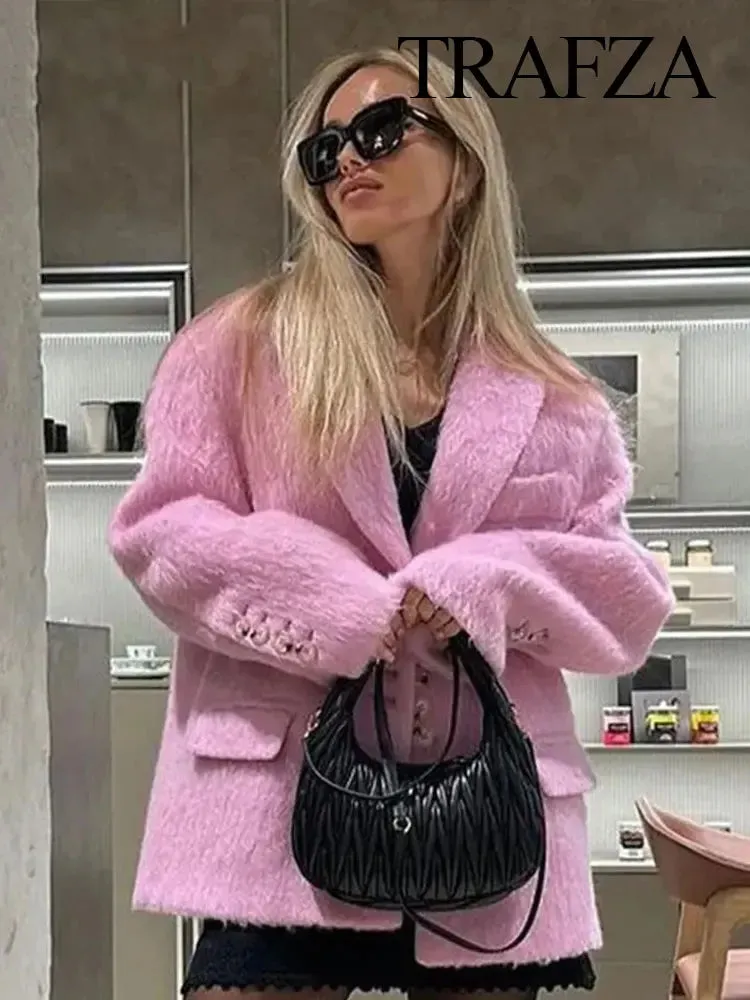Trafza Frauen Mode Plüsch Blazer elegante solide y2k Frauen Langarm Einreiher Anzug Mantel Frühling weibliche Freizeit jacken