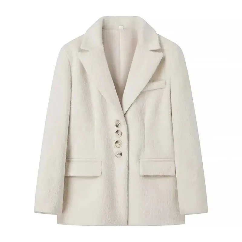 Trafza Frauen Mode Plüsch Blazer elegante solide y2k Frauen Langarm Einreiher Anzug Mantel Frühling weibliche Freizeit jacken