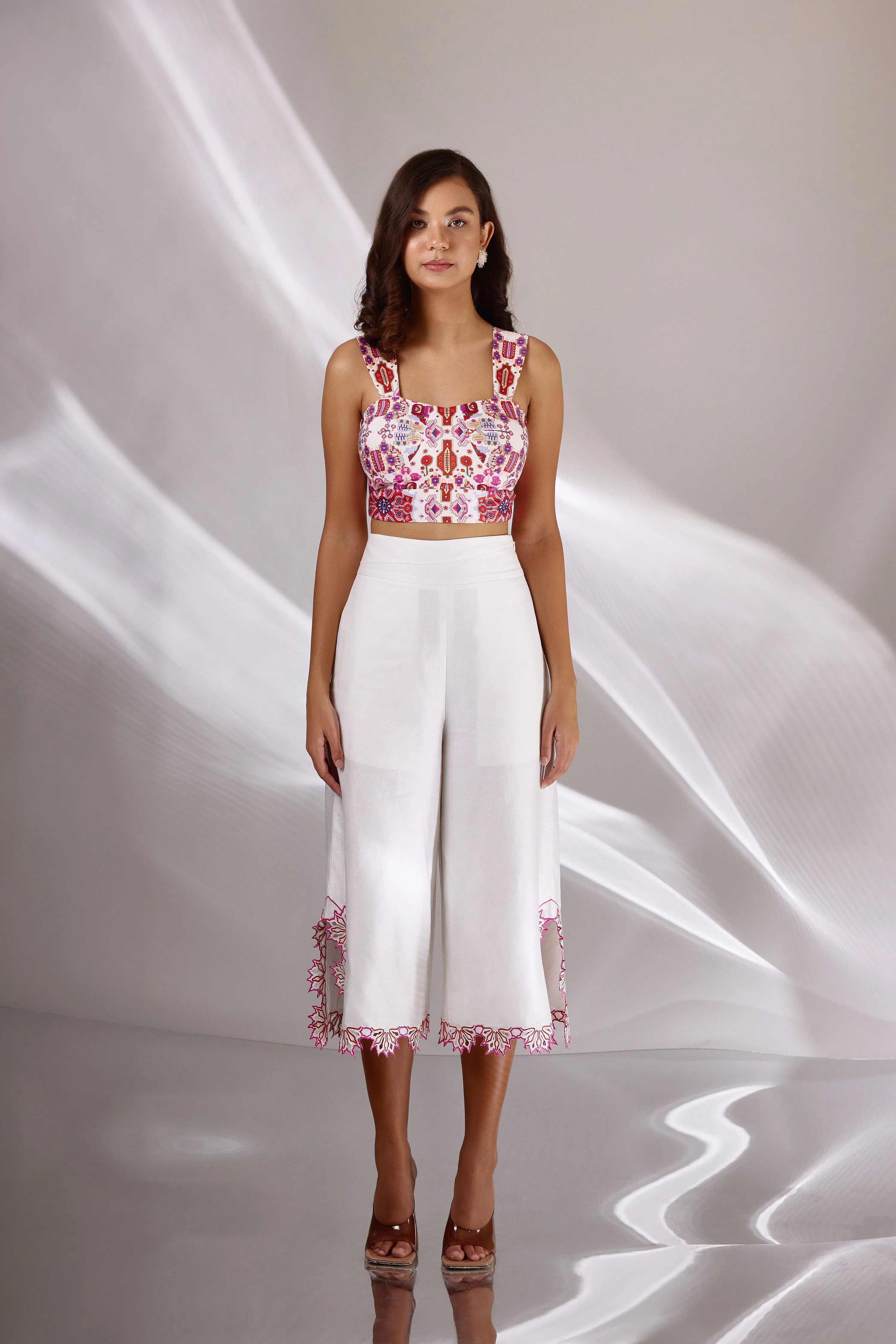 White Chanderi Silk Embroidered Culottes