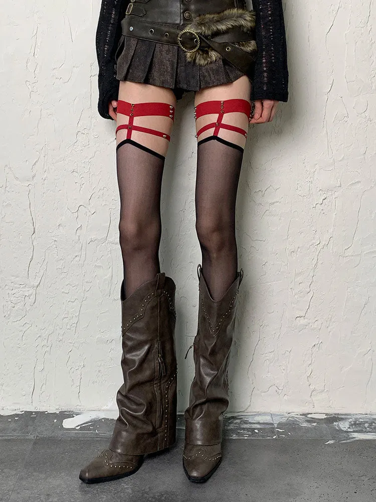Wine Red/Black Y2K Stud Overknee Stockings