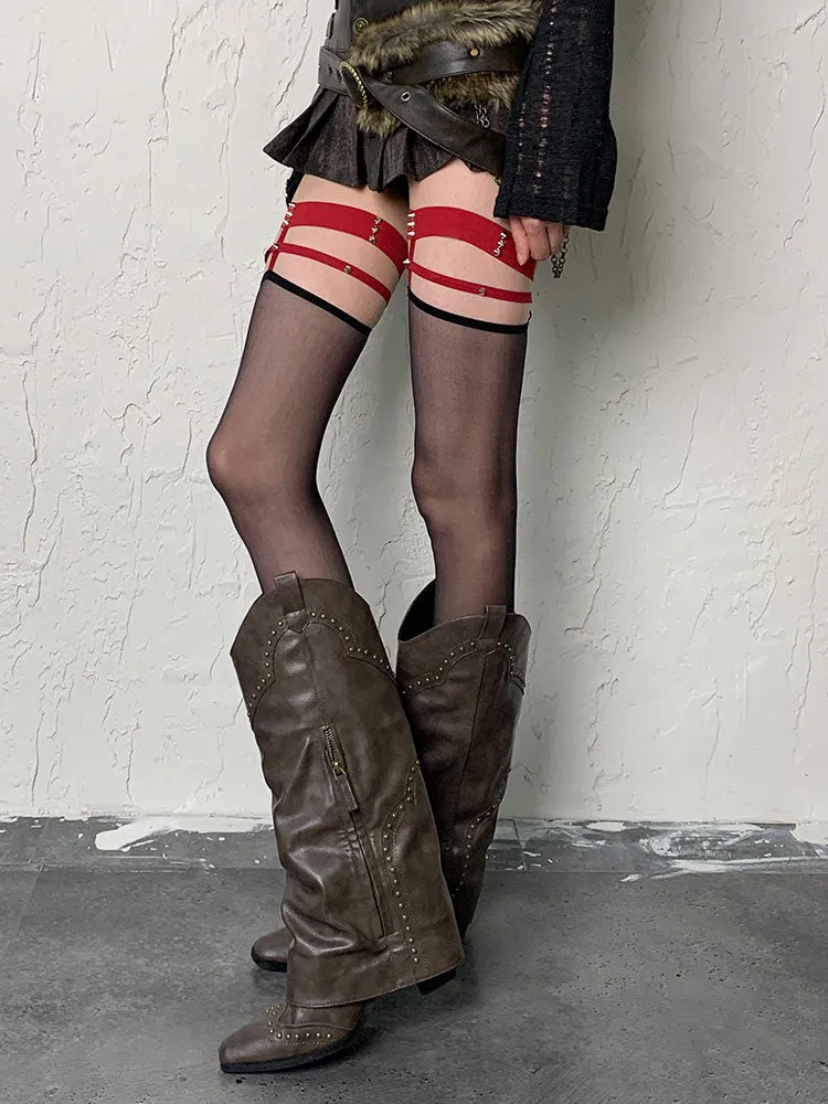 Wine Red/Black Y2K Stud Overknee Stockings