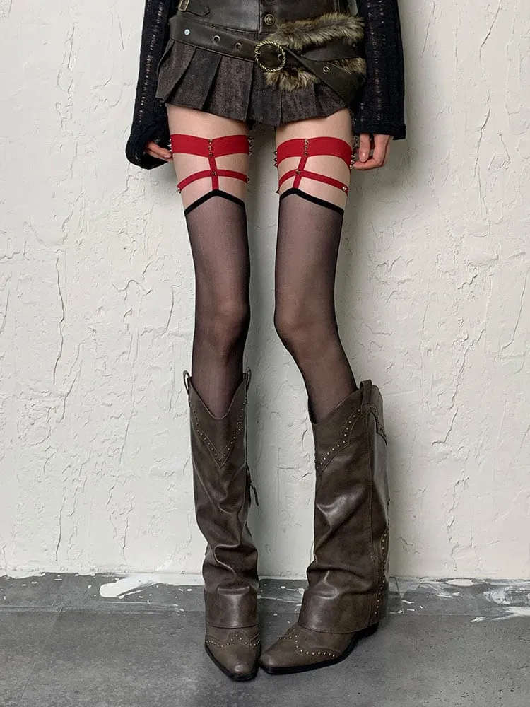 Wine Red/Black Y2K Stud Overknee Stockings